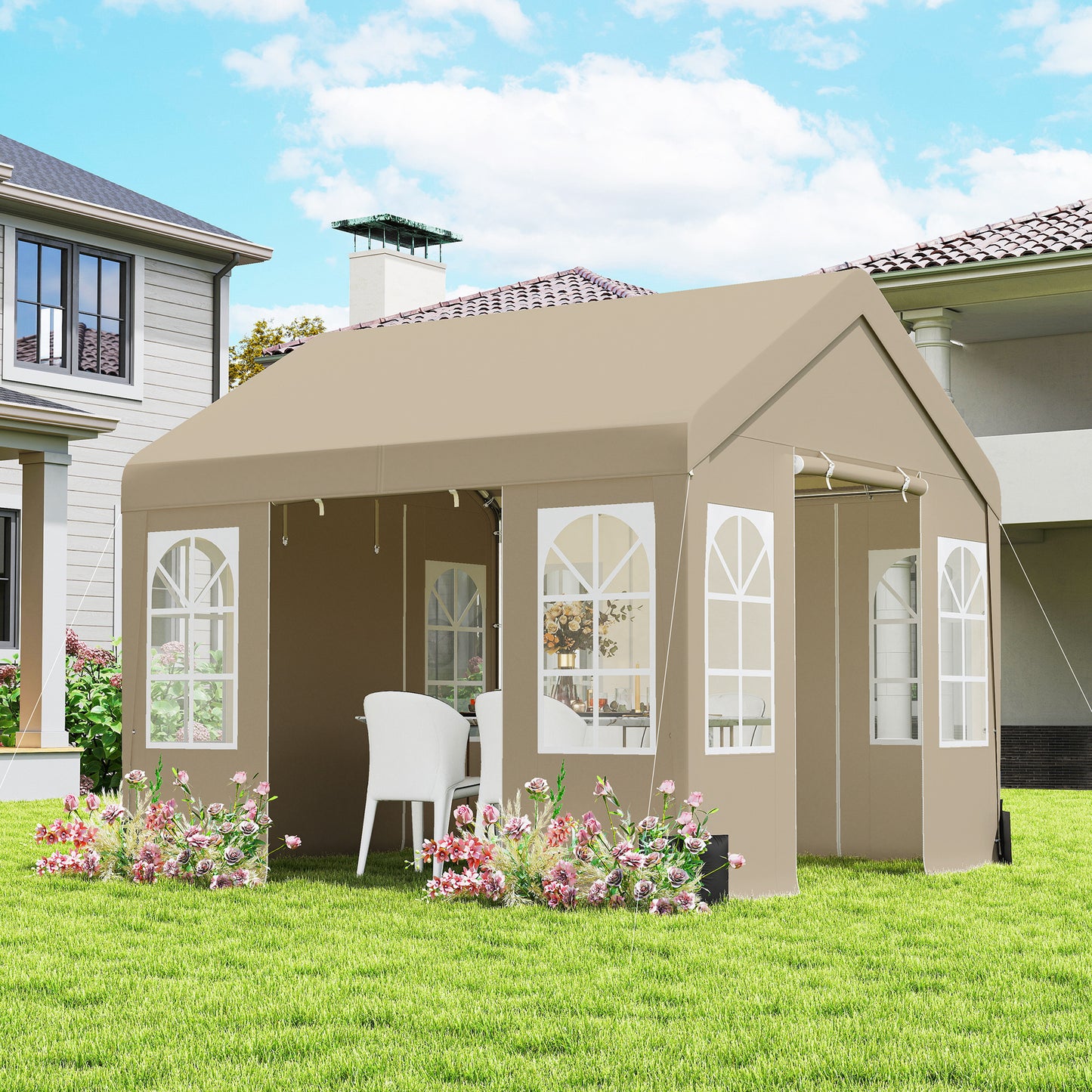 3 x 3 m Party Tent, Outdoor Canopy Tent Shelter with Removable Sidewalls, 4 Zipped Doors, for Parties, Wedding, Beige