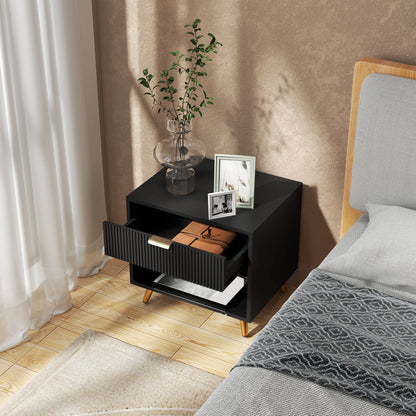 Elegant Bedside Table, with Drawer and Shelf - Black/Gold Tone