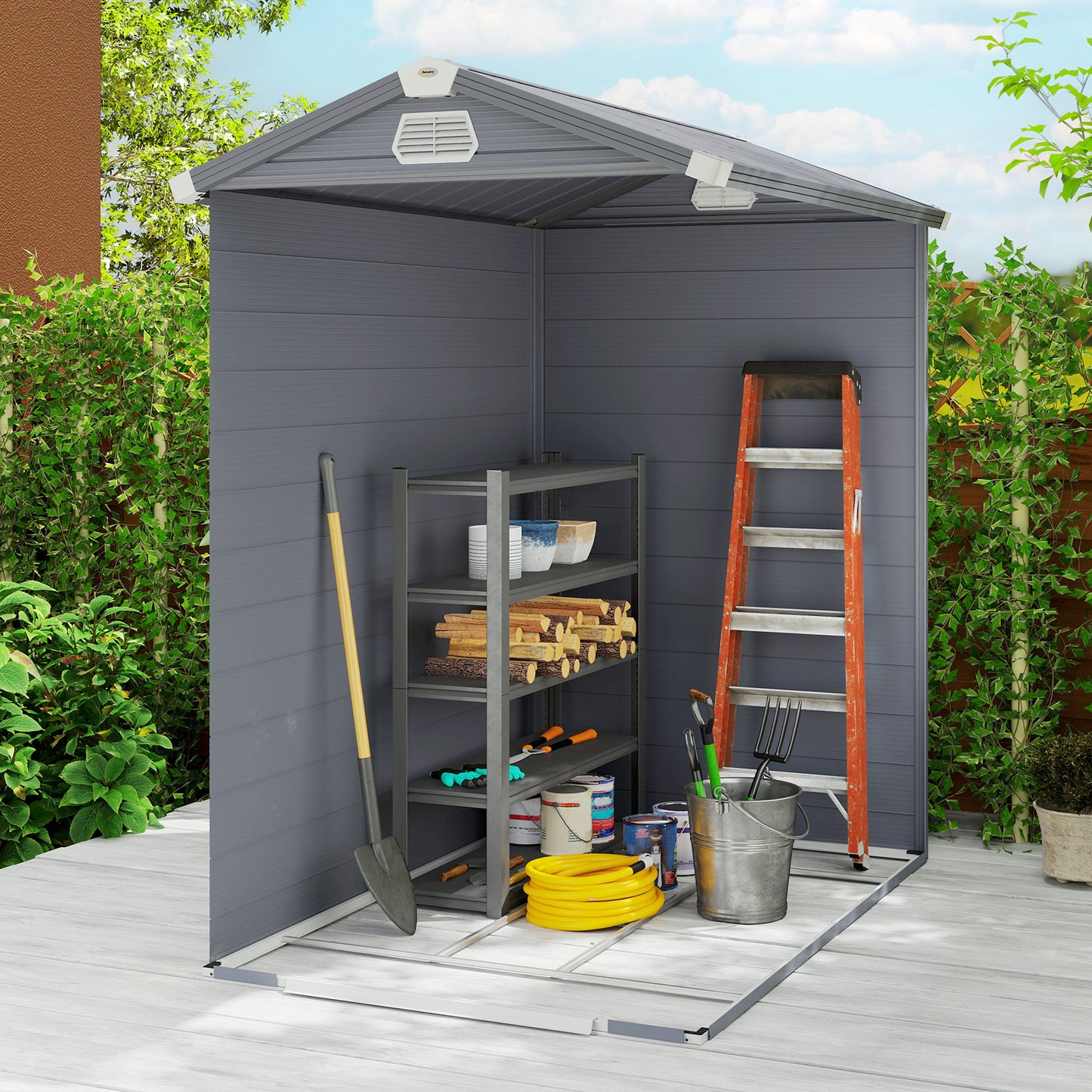 4.4ft x 6.2ft Aluminium Frame and Plastic Wall Shed, with Foundation - Grey