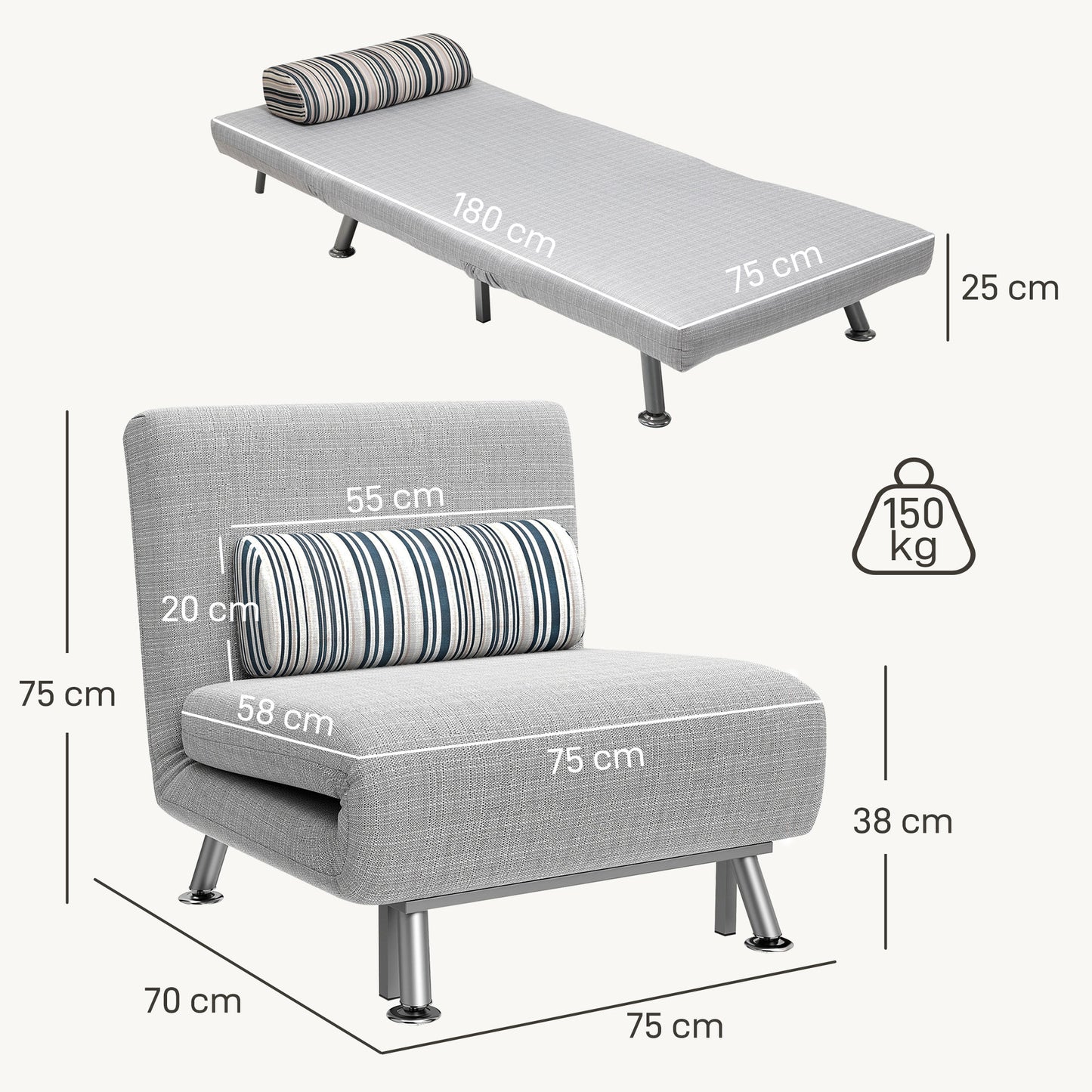 Single Sofa Bed, 1 Person Sleeper Foldable Lounge with Pillow, Light Grey