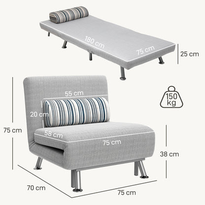Single Sofa Bed, 1 Person Sleeper Foldable Lounge with Pillow, Light Grey