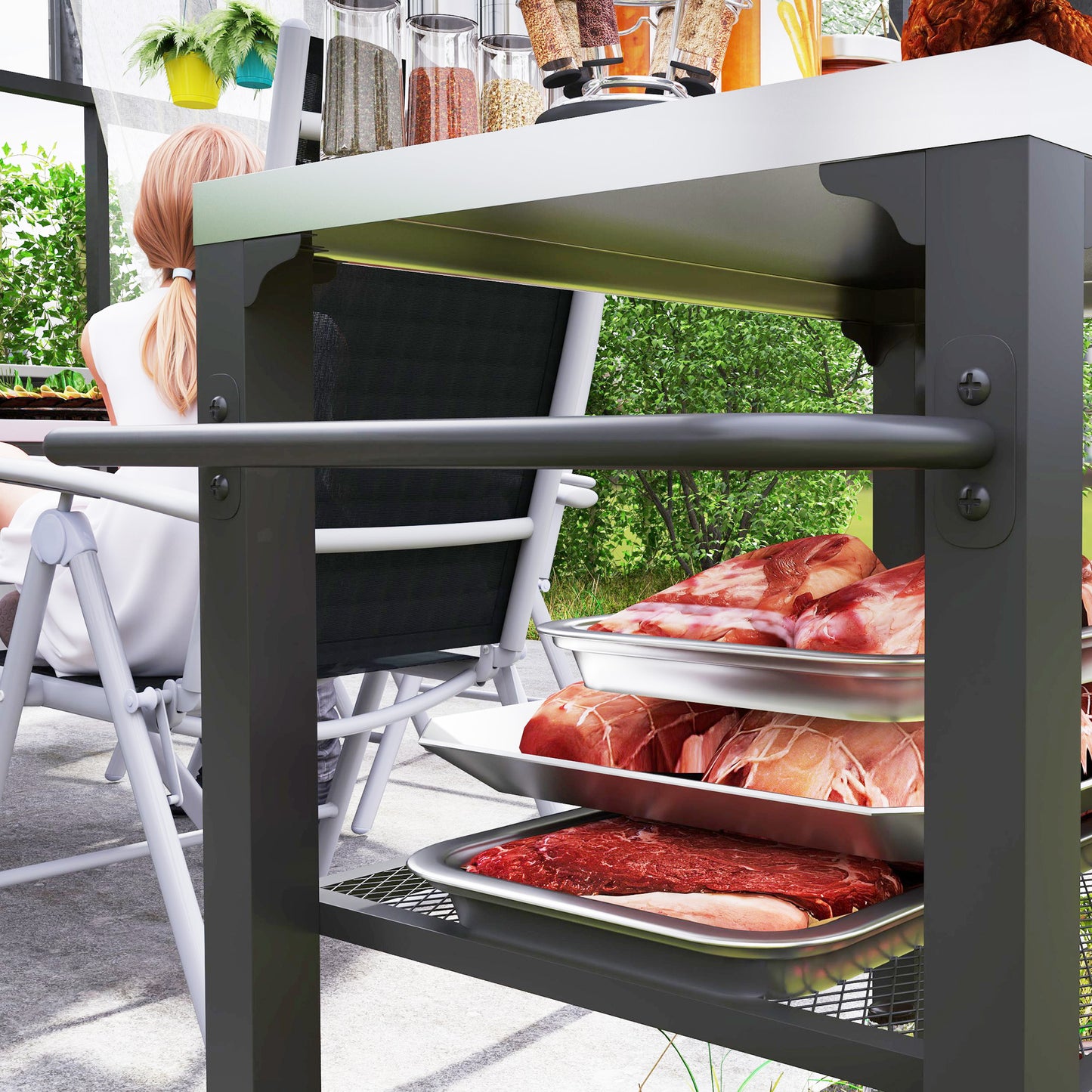Three-Shelf Outdoor Grill Cart with Stainless Steel Top, Outdoor Kitchen Island with 4 Wheels, 3 Hooks
