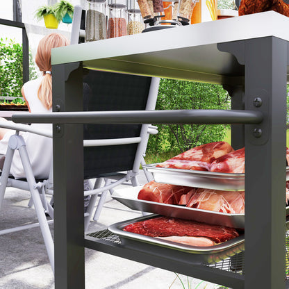 Three-Shelf Outdoor Grill Cart with Stainless Steel Top, Outdoor Kitchen Island with 4 Wheels, 3 Hooks