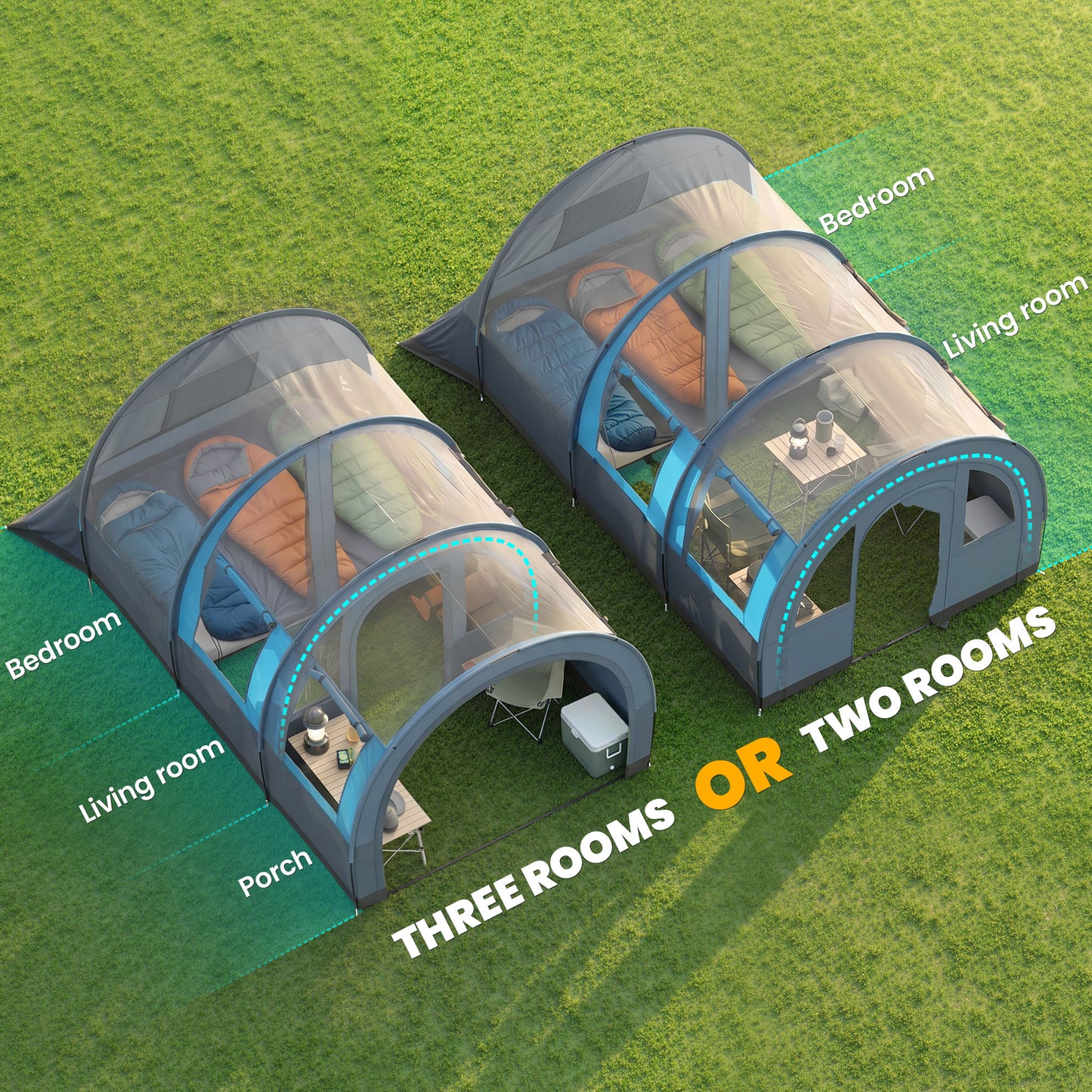 Three Man Duo Room Tunnel Tent, with Accessories - Grey/Blue