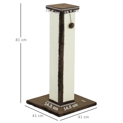 81cm Cat Scratcher, Vertical Full Scratcher w/ Natural Sisal Rope, Hanging Ball, Soft Plush - Brown