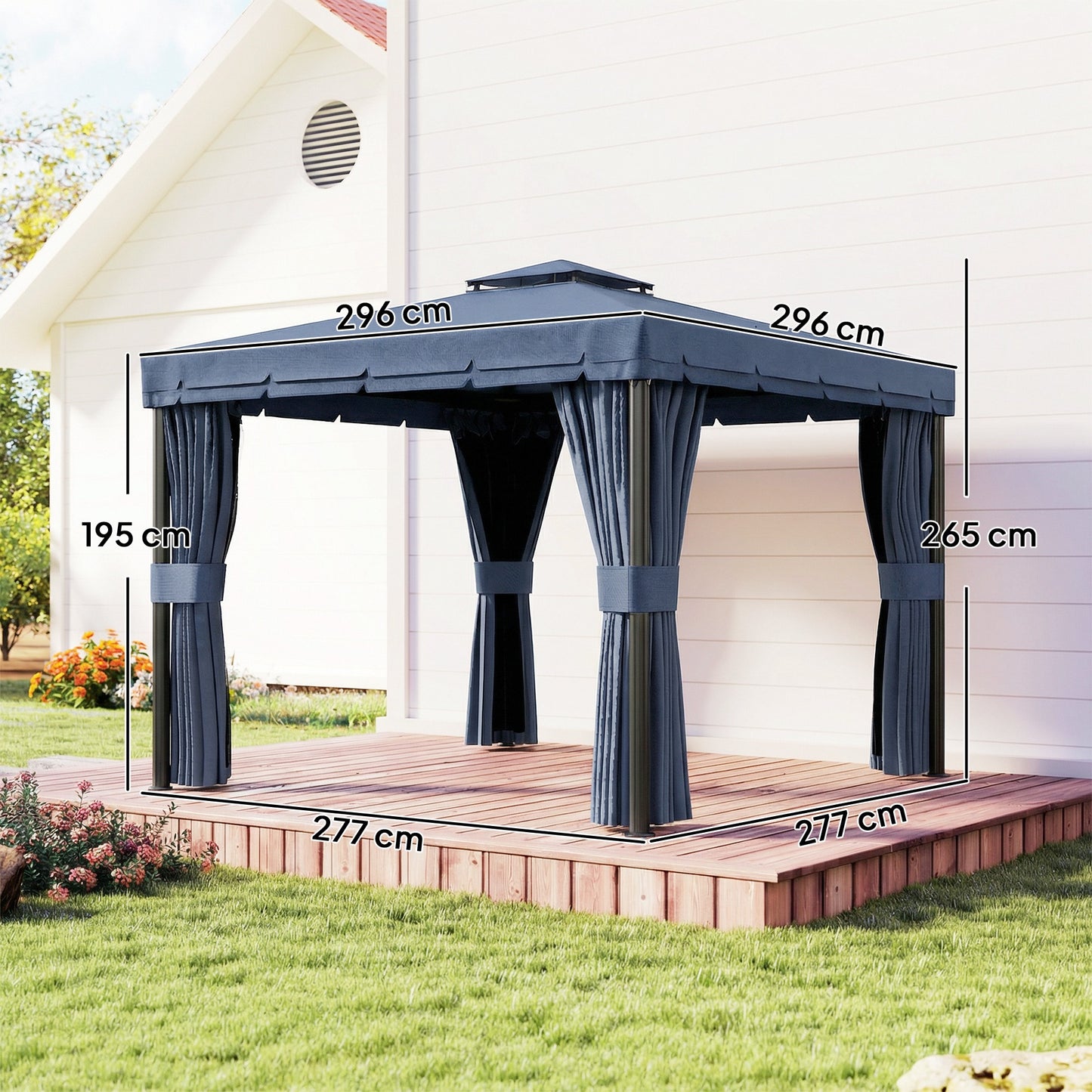 3 x 3(m) Patio Gazebo Canopy Garden Pavilion Tent Shelter Marquee with 2 Tier Roof, Netting and Curtains, Dark Blue
