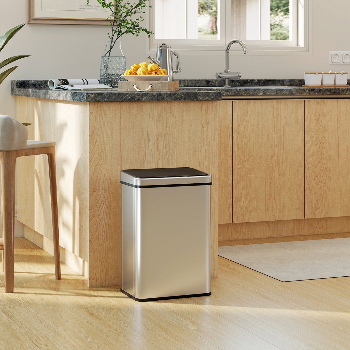 40L Sensor Bin with Soft-Close Lid, Stainless Steel Automatic Touchless Motion Sensor Kitchen Bin, Silver Tone