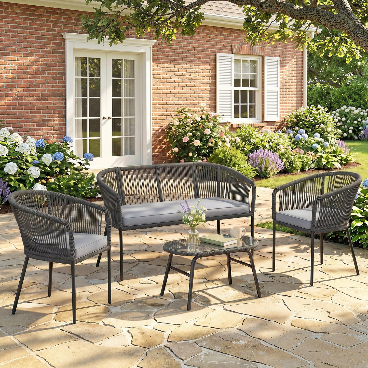 4 Piece Garden Furniture Set, Rope Garden Sofa Set with 1 Loveseat 2 Chairs Tempered Glass Table Cushions, Dark Grey