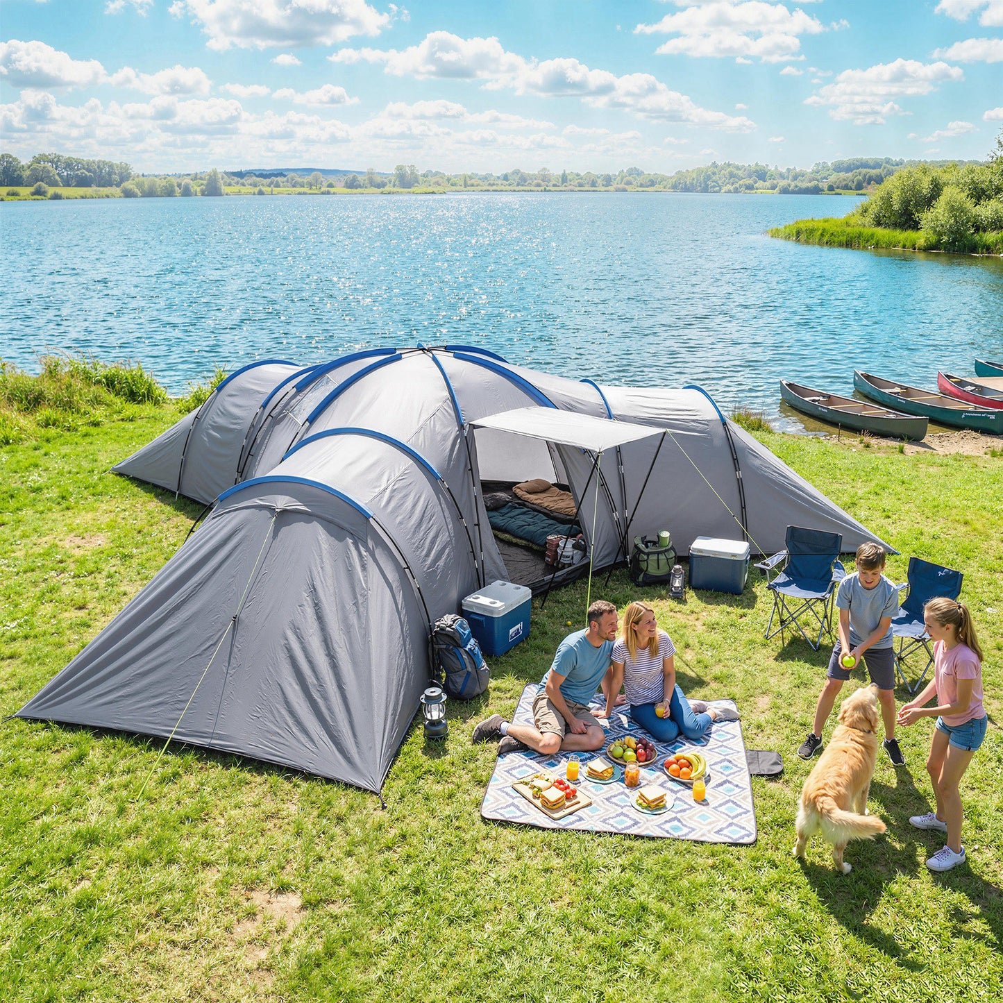 6-9 Man Large Tunnel Tent with 3 Bedrooms, Living Area and Porch, Stand-up Camping Tent, Portable with Bag, Light Grey
