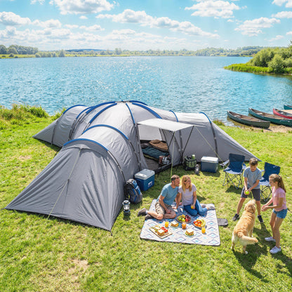 6-9 Man Large Tunnel Tent with 3 Bedrooms, Living Area and Porch, Stand-up Camping Tent, Portable with Bag, Light Grey