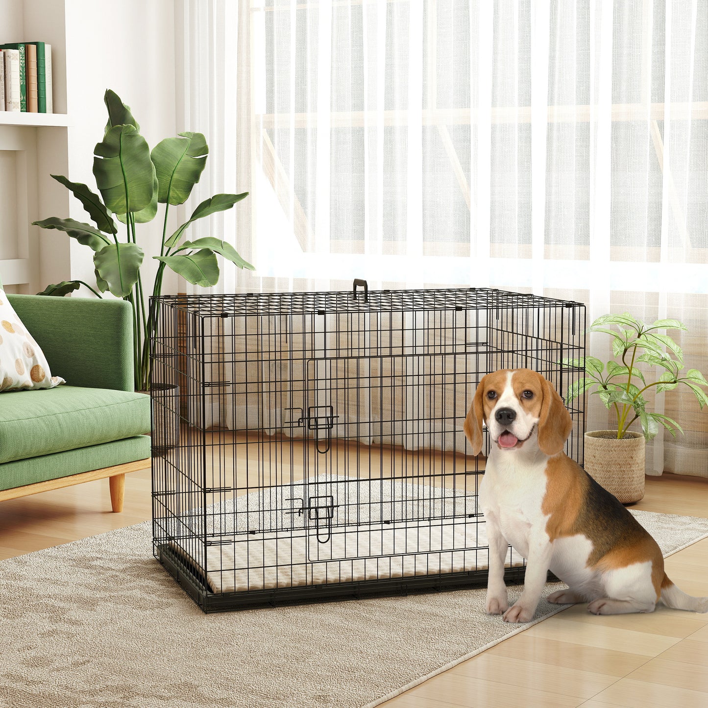 Foldable Dog Crate with 2 Doors with Tray, Soft Cushion, for Extra and Large Dogs, 106 x 71.5 x 76 cm, Black