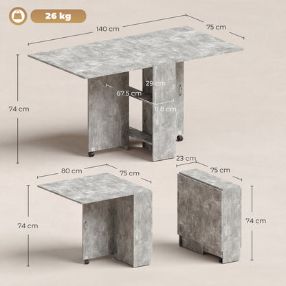 80-140 cm Folding Dining Table for 4-6 People, Drop Leaf Table with 2-Tier Shelves, Rolling Casters, for Small Spaces