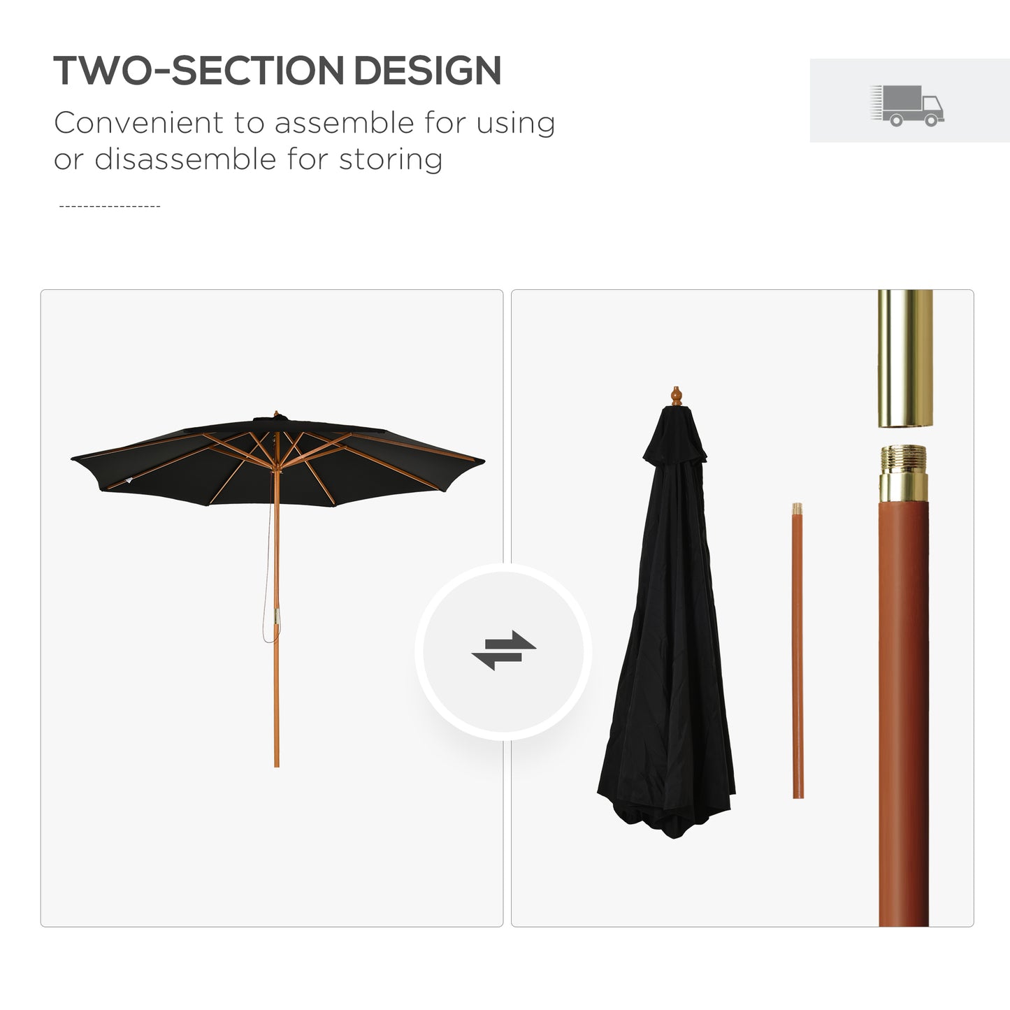 3(m) Garden Parasol, Pulley Operated Patio Umbrella, Wooden Table Market Umbrella with Rope Pulley Mechanism and 8 Ribs