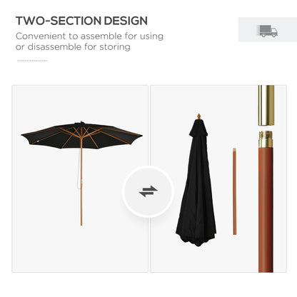 3(m) Garden Parasol, Pulley Operated Patio Umbrella, Wooden Table Market Umbrella with Rope Pulley Mechanism and 8 Ribs