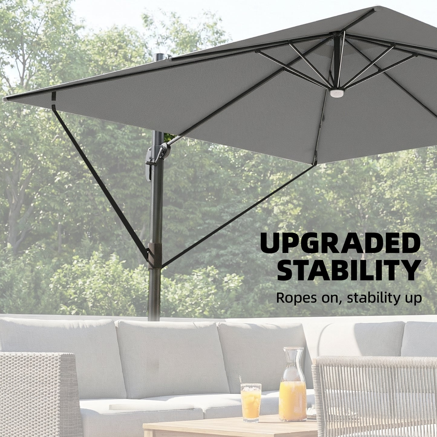 3 x 3 m Garden Cantilever Parasol with Light, Cover, Overhanging Umbrella w/ Wind Protection, 360° Rotation, Light Grey