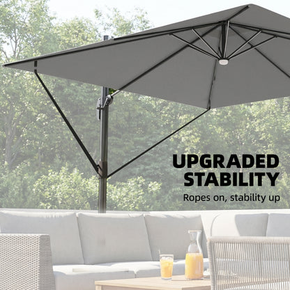 3 x 3 m Garden Cantilever Parasol with Light, Cover, Overhanging Umbrella w/ Wind Protection, 360° Rotation, Light Grey