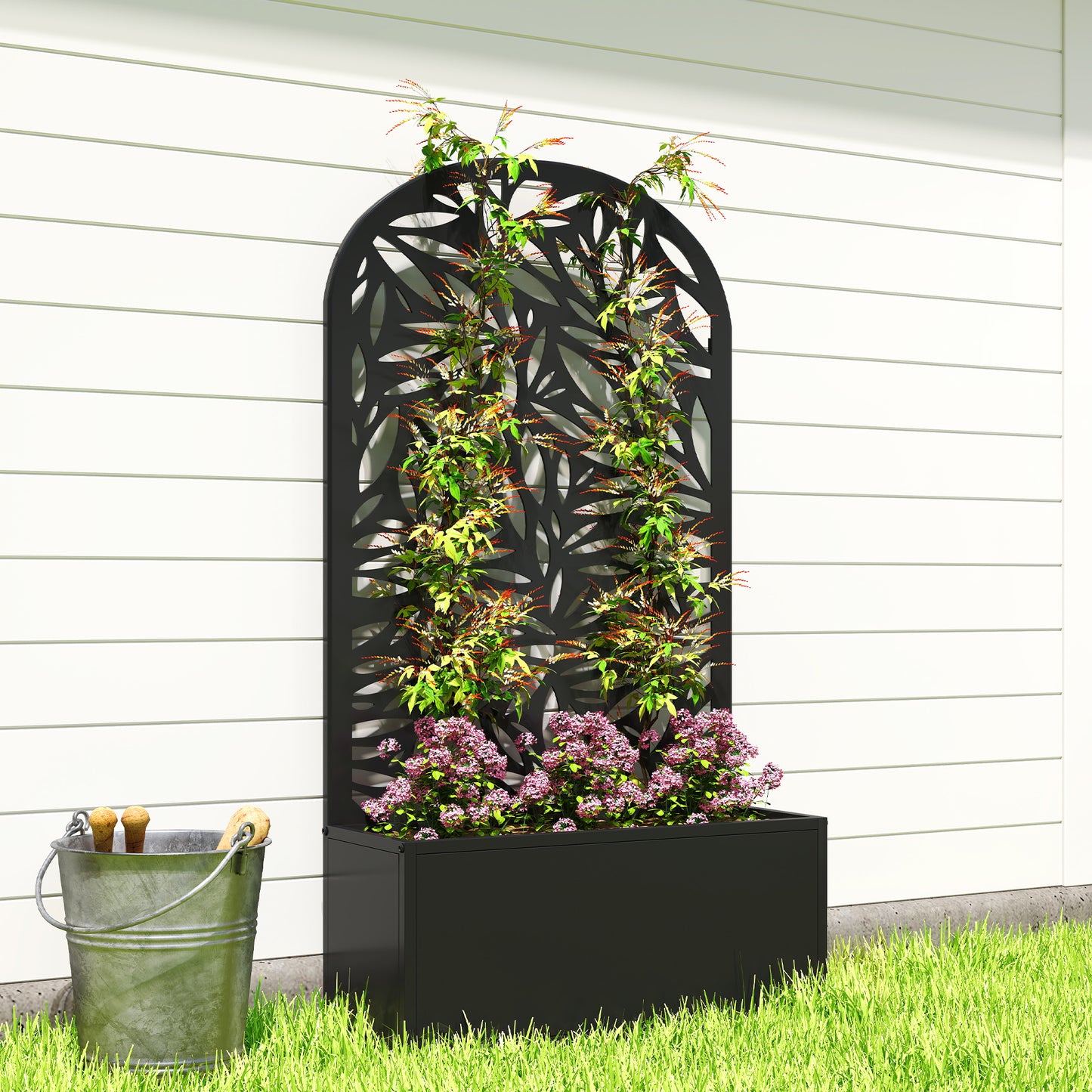 Metal Garden Bed for Garden with Trellis, Wall Mounted or Freestanding Raised Planter with Curved Privacy Screen
