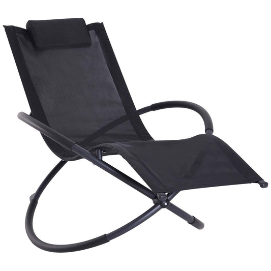 Outdoor Orbital Lounger Zero Gravity Patio Chaise Foldable Rocking Chair w/ Pillow Black