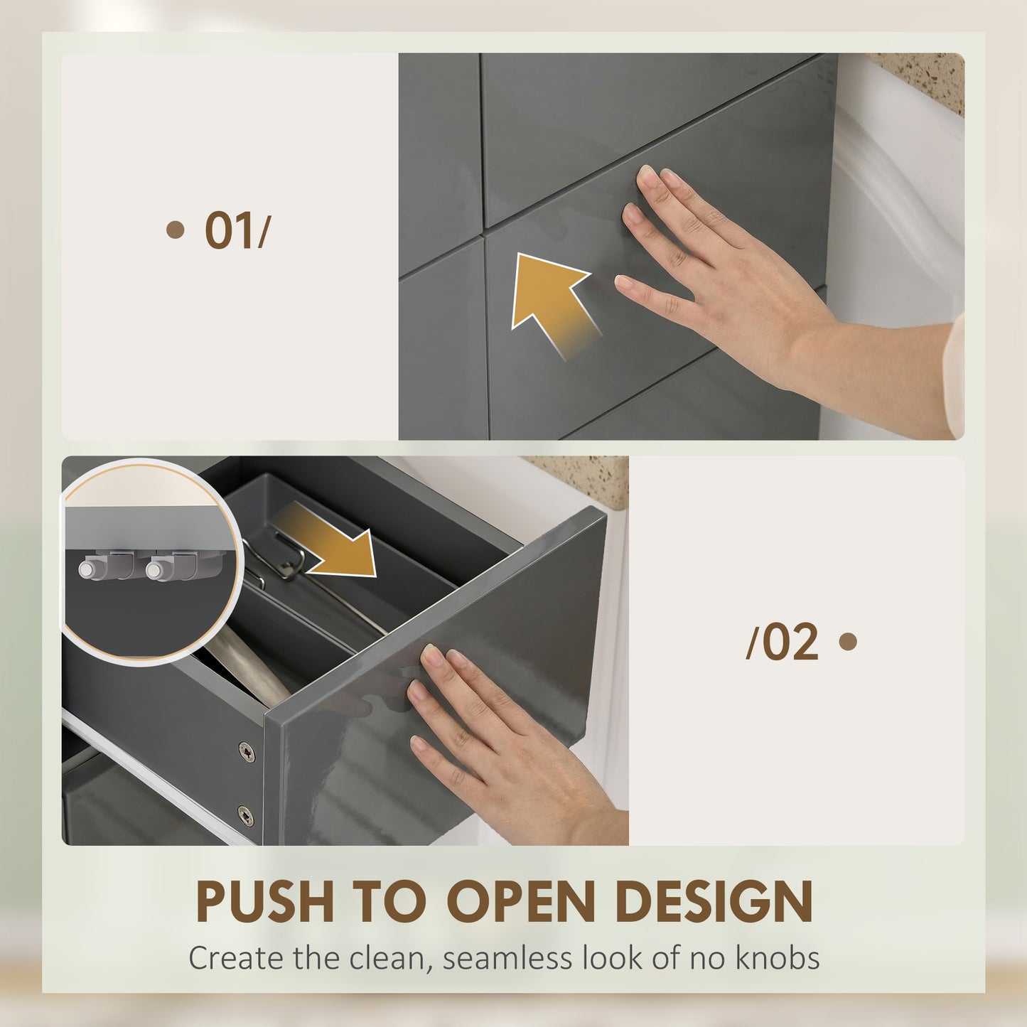 Storage Cabinet, Kitchen Cupboard with 3 Adjustable Shelves, 60L x 35W x 170H cm, High Gloss Grey