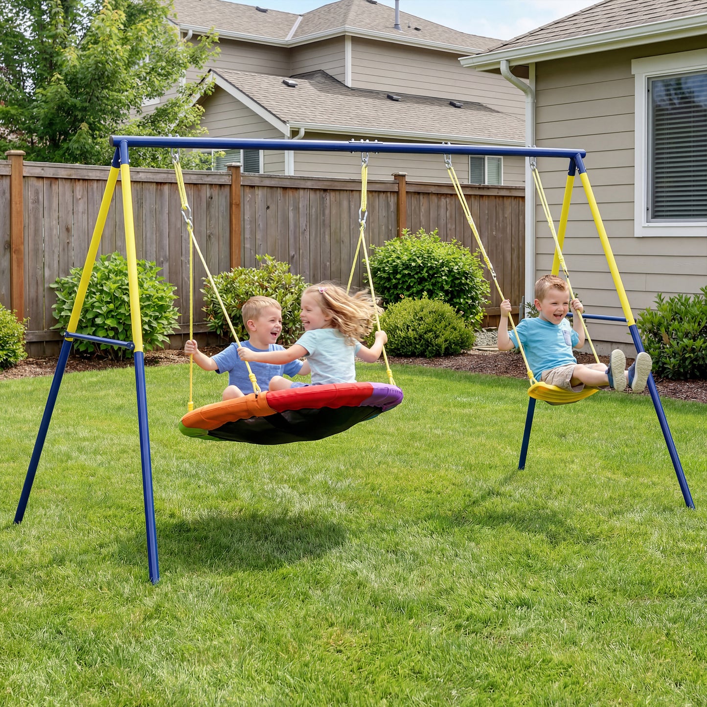 Kids Swing Set with Double Swings, Outdoor Playset with Adjustable Ropes, Metal Frame for Ages 3-8, 150kg Capacity
