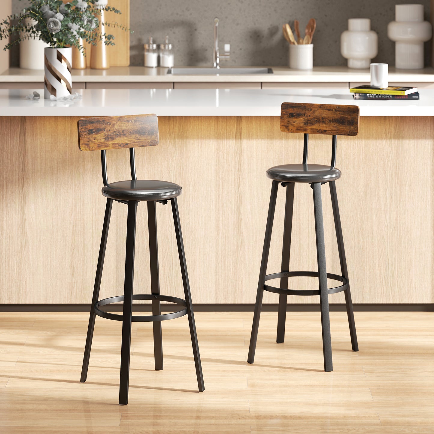 Set of Two Industrial-Style Bar Stools - Brown/Black