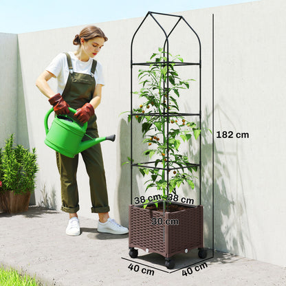 Raised Garden Bed with Trellis, Tomato Cage with Lockable Wheels, Self Watering Planter Box with Drainage Holes, Brown