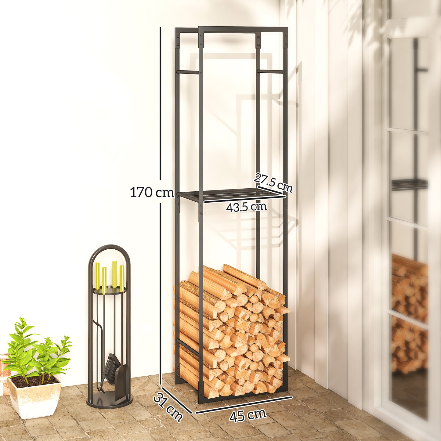 Metal Firewood Log Holder, Heavy Duty Firewood Rack with Adjustable Shelf, Indoor Outdoor Fireplace Wood Storage Shelf