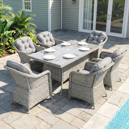 Seven-Piece Rattan Dining Set - Light Grey