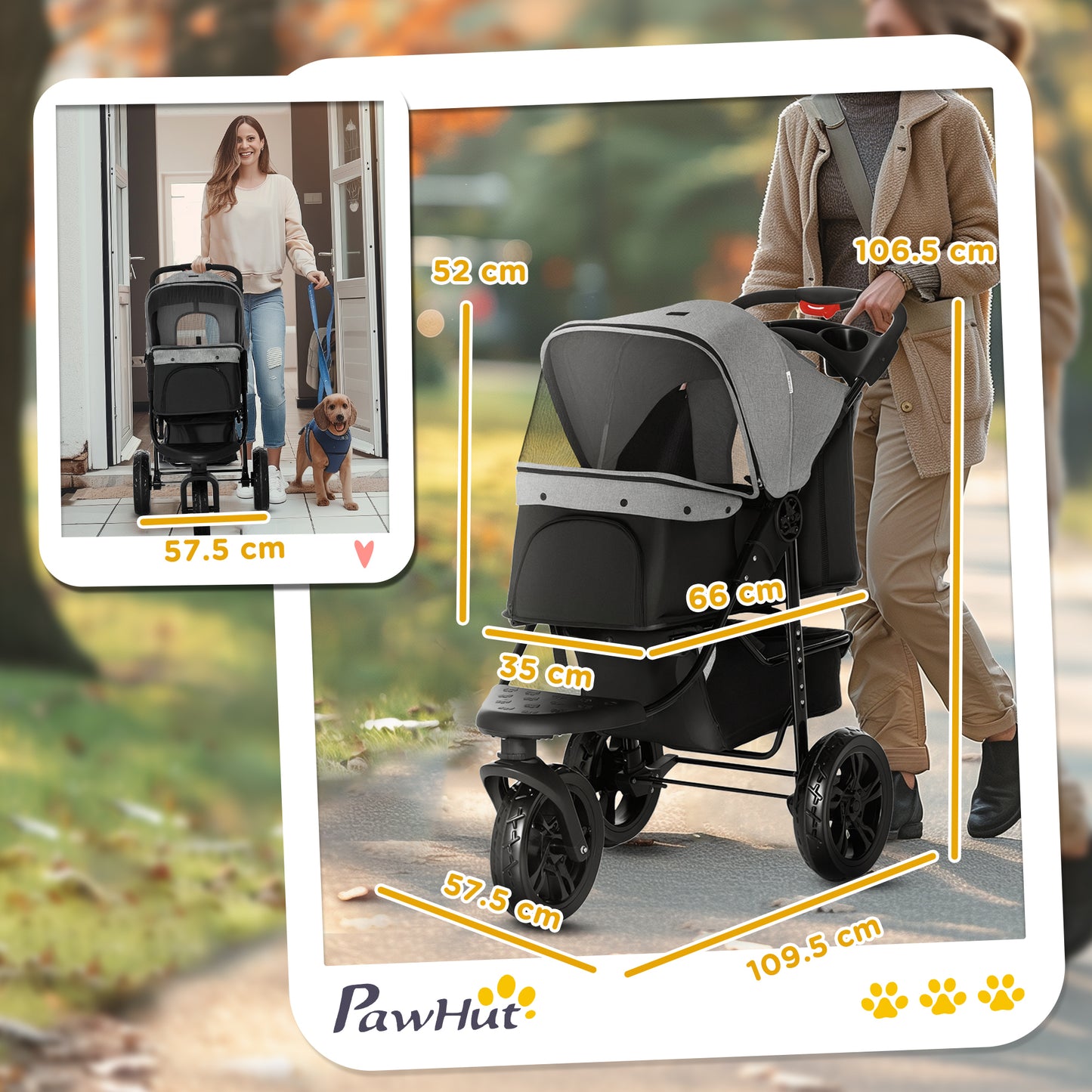 Dog Stroller Pram, 3-Wheel Foldable Pet Stroller with Invisible Sky Roof, for Small Dogs & Cats, Red