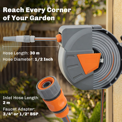 Retractable Hose Reel Wall Mounted, 30+2m Garden Hose Pipe Reel with Auto Retraction, Self-Locking, Orange