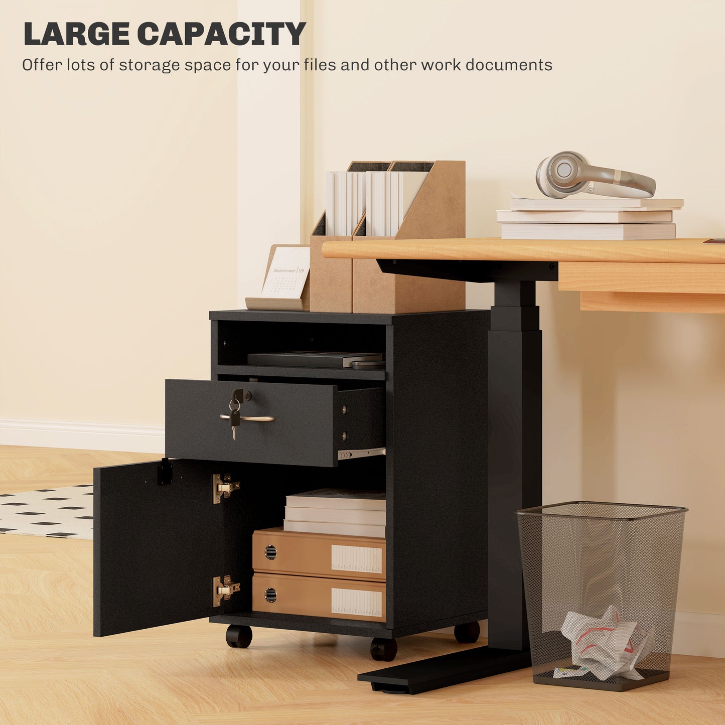 Filing Cabinet, Mobile File Cabinet with 2 Lockable Drawers, Office Home Organiser on Wheels for A4