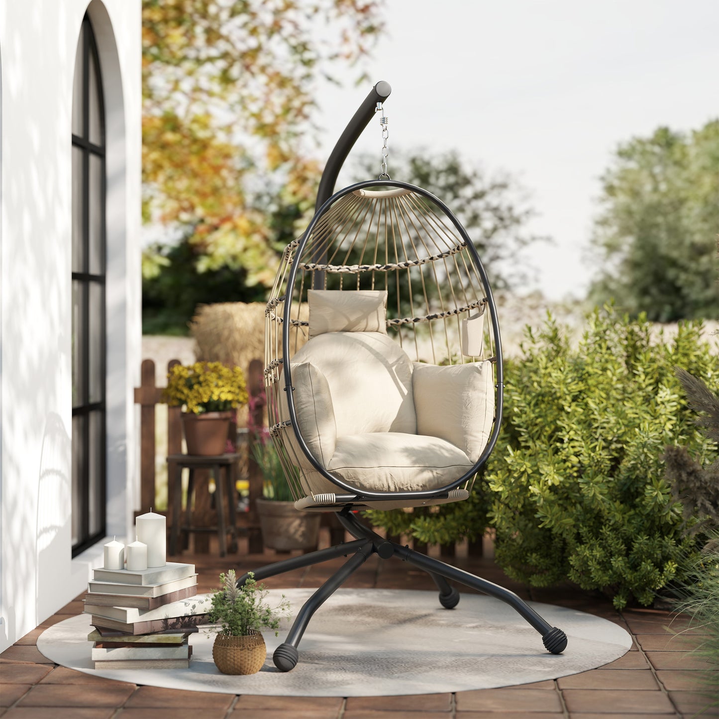Hanging Egg Chair Outdoor Indoor Garden Swing Chair with Folding Basket and Thickened Cushion