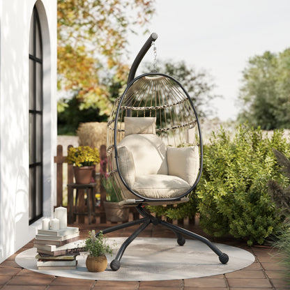 Hanging Egg Chair Outdoor Indoor Garden Swing Chair with Folding Basket and Thickened Cushion
