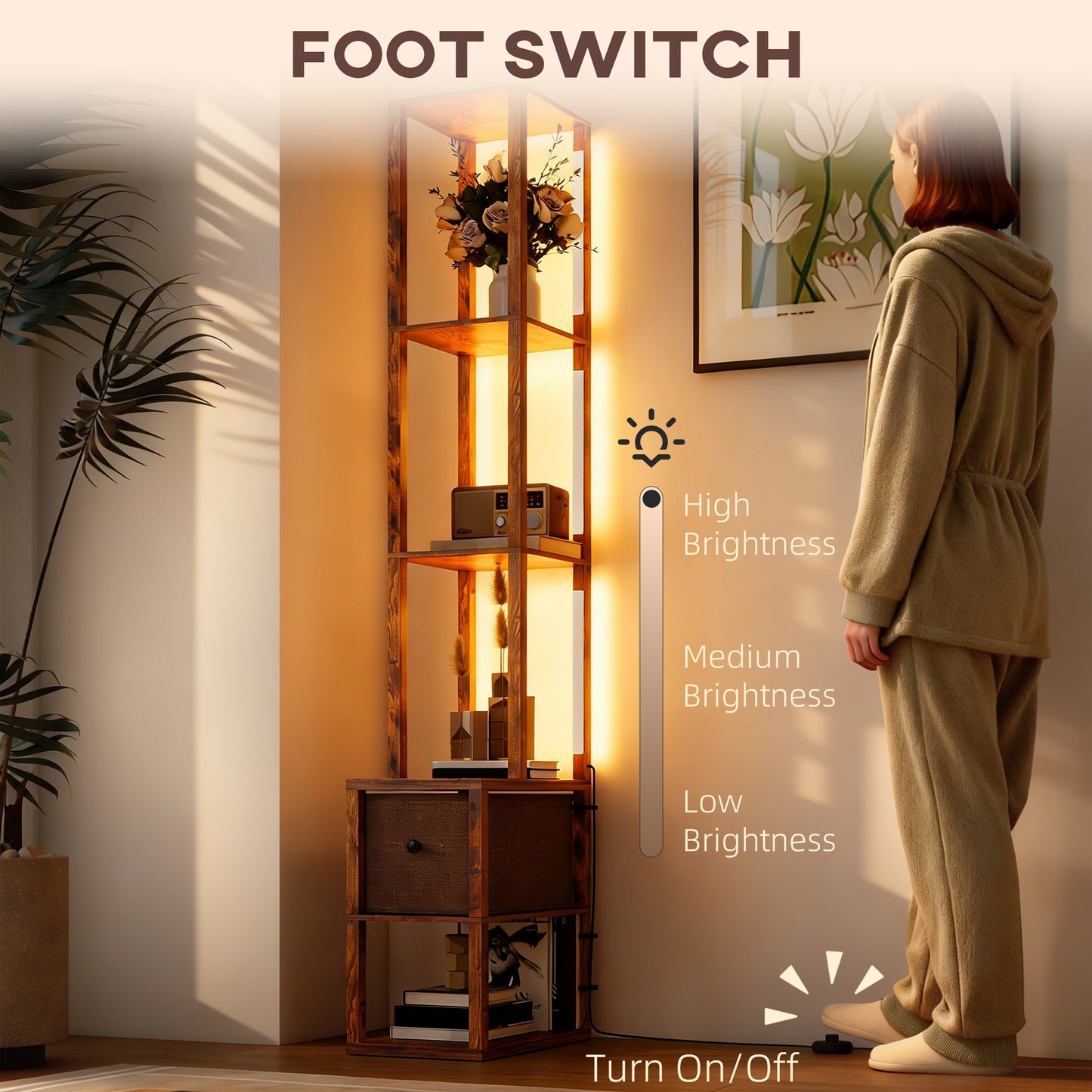 Floor Lamp with Shelves, LED Column Modern Standing Lamp with Fabric Drawer, Adjustable Brightness, Rustic Brown