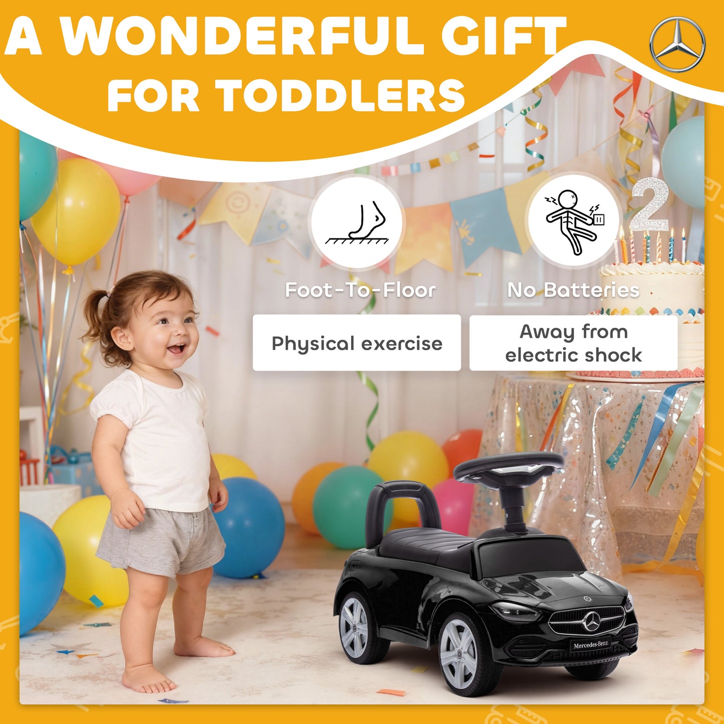 Official Mercedes-Benz Ride On Car, Foot to Floor Sliding Walker with Horn, Engine Sounds and Under-Seat Storage, Black