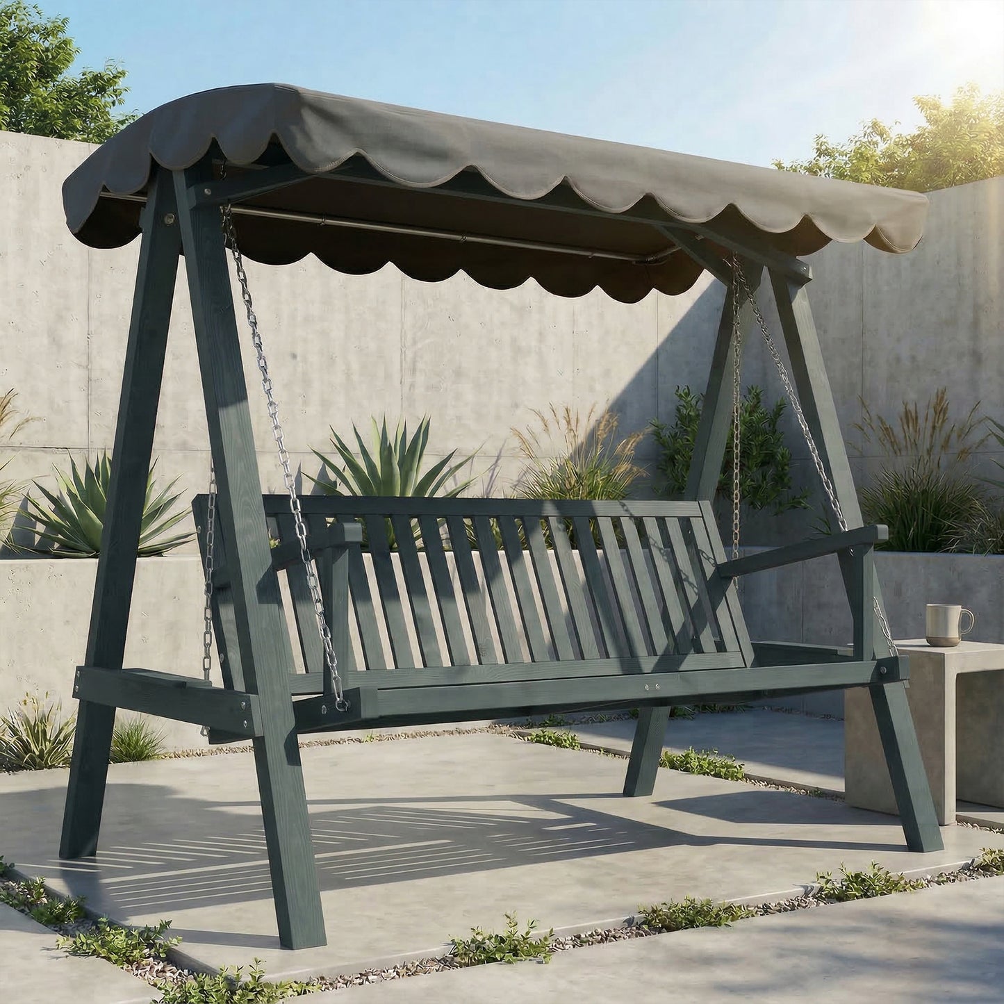 3 Seater Garden Swing Seat with Canopy, Wooden Swing Chair, Outdoor Hammock Bench for Balcony Patio Porch, Grey