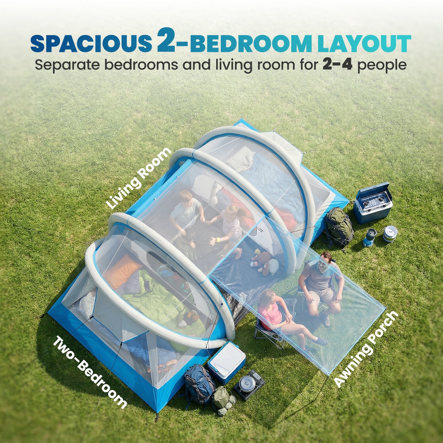 Inflatable Tent 2 Bedroom Tunnel Design Windproof Air Tent with Carry Bag for 4 Person