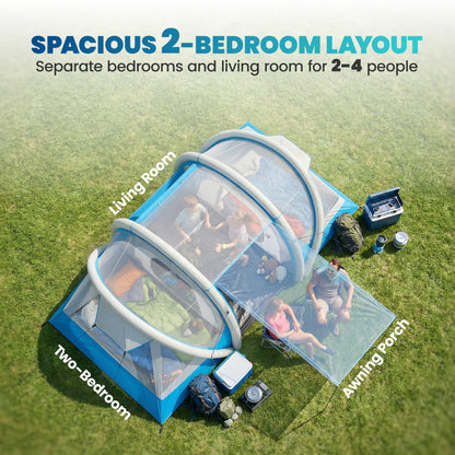 Inflatable Tent 2 Bedroom Tunnel Design Windproof Air Tent with Carry Bag for 4 Person