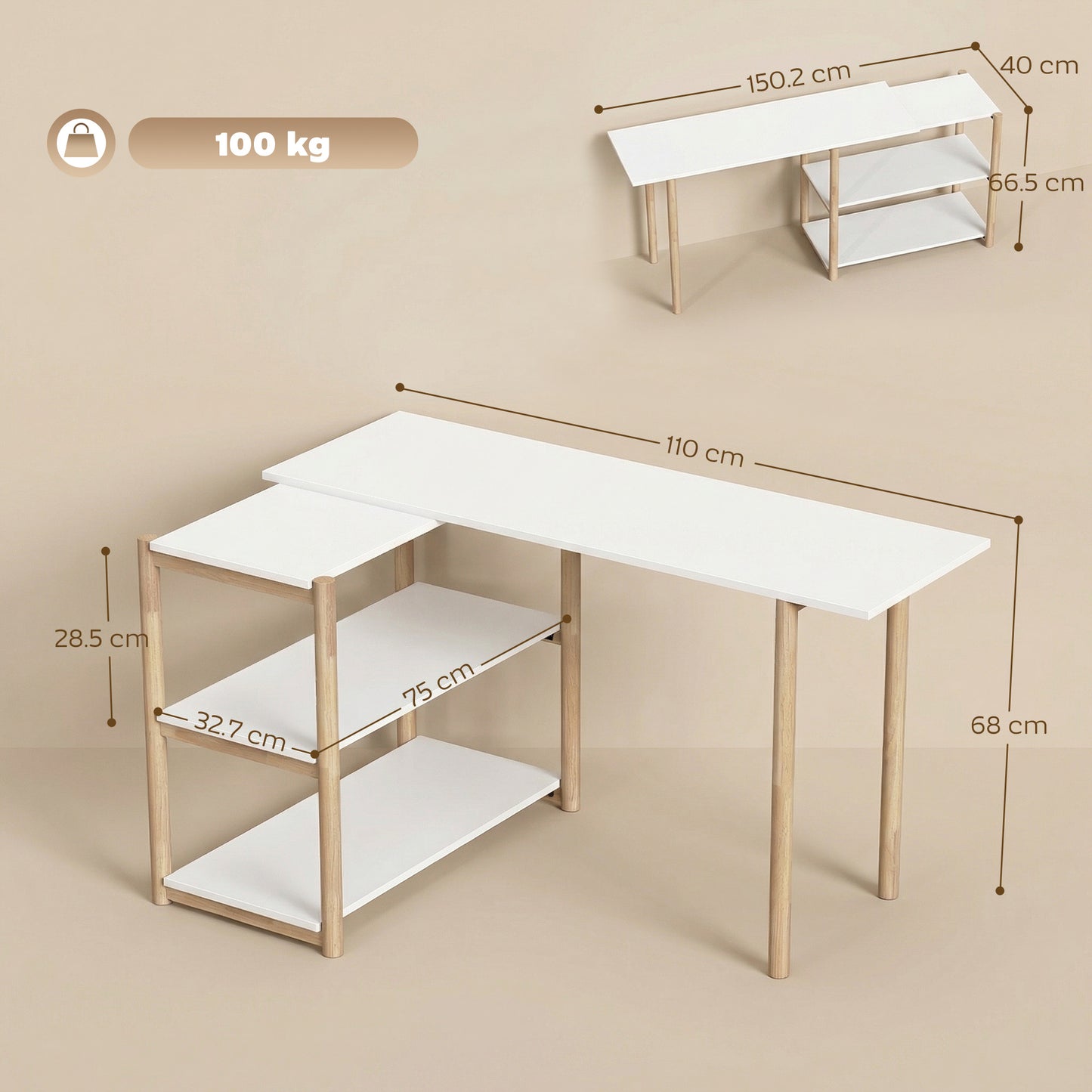 Computer Desk with Storage Shelves Modern Writing Desk Bamboo Frame for Home Office 150 cm White and Oak