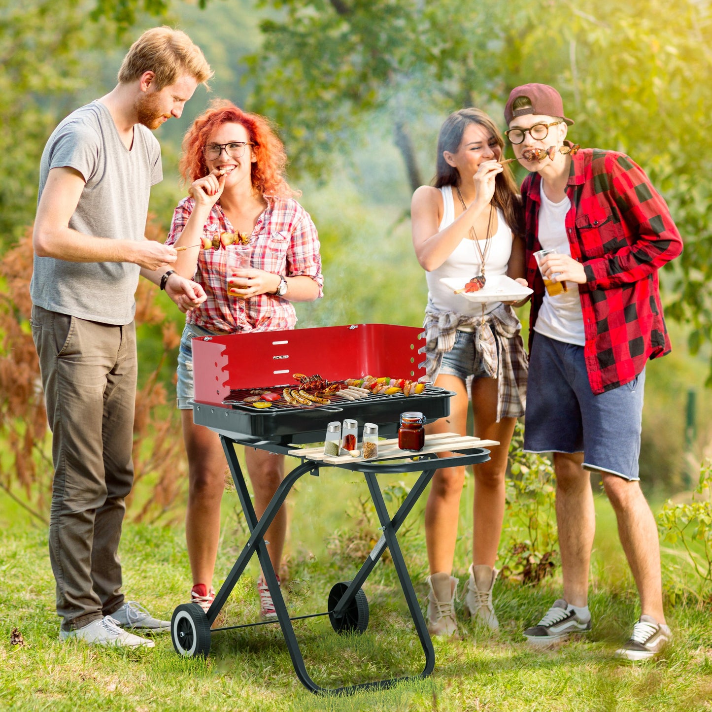 Charcoal Trolley BBQ Barbecue Grill Patio Camping Picnic Garden Party Outdoor Cooking with Windshield and Wheels Side Trays
