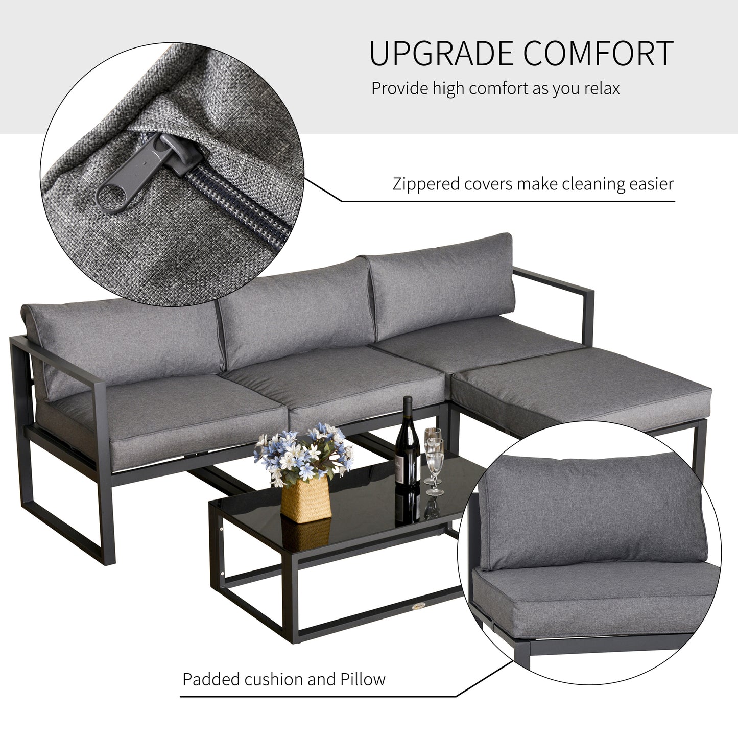 5 Pieces Outdoor Patio Furniture Set, Sofa Couch with Glass Coffee Table, Cushioned Chairs and Aluminum Tube
