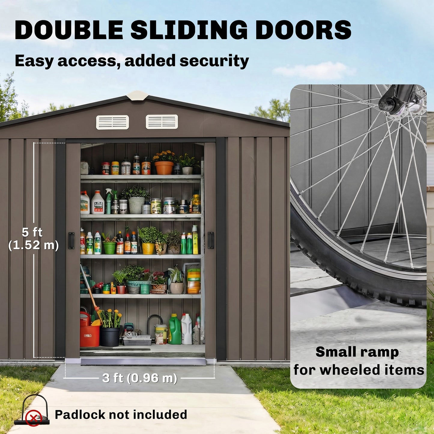 9 x 6ft Metal Garden Shed, Outdoor Storage Tool House with Ventilation Slots, Foundation Kit and Lockable Double Doors, Brown