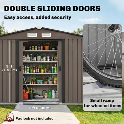 9 x 6ft Metal Garden Shed, Outdoor Storage Tool House with Ventilation Slots, Foundation Kit and Lockable Double Doors, Brown