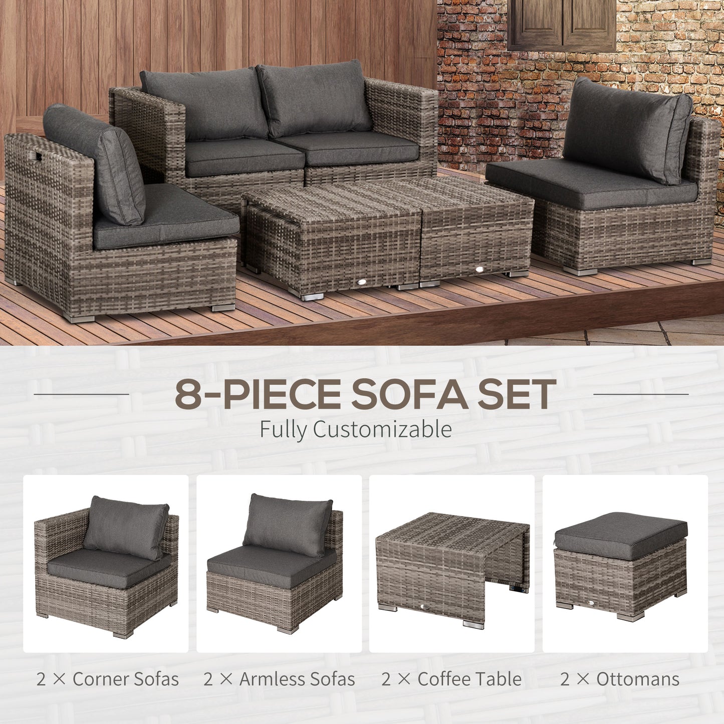 8 Pieces Rattan Garden Furniture Set, Garden Corner Sofa Set with 4 Chairs, 2 Footstools, 2 Coffee Tables and Cushions