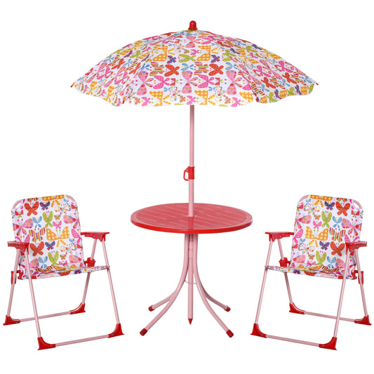 Kids Outdoor Bistro Table and Chair Set Butterfly Pattern Garden Patio Backyard with Removable & Height Adjustable Parasol