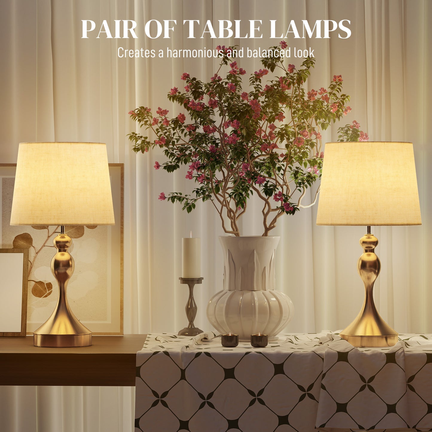 Set of Two Three-Colour Lamps, with USB Ports - Gold Tone