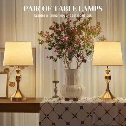 Set of Two Three-Colour Lamps, with USB Ports - Gold Tone