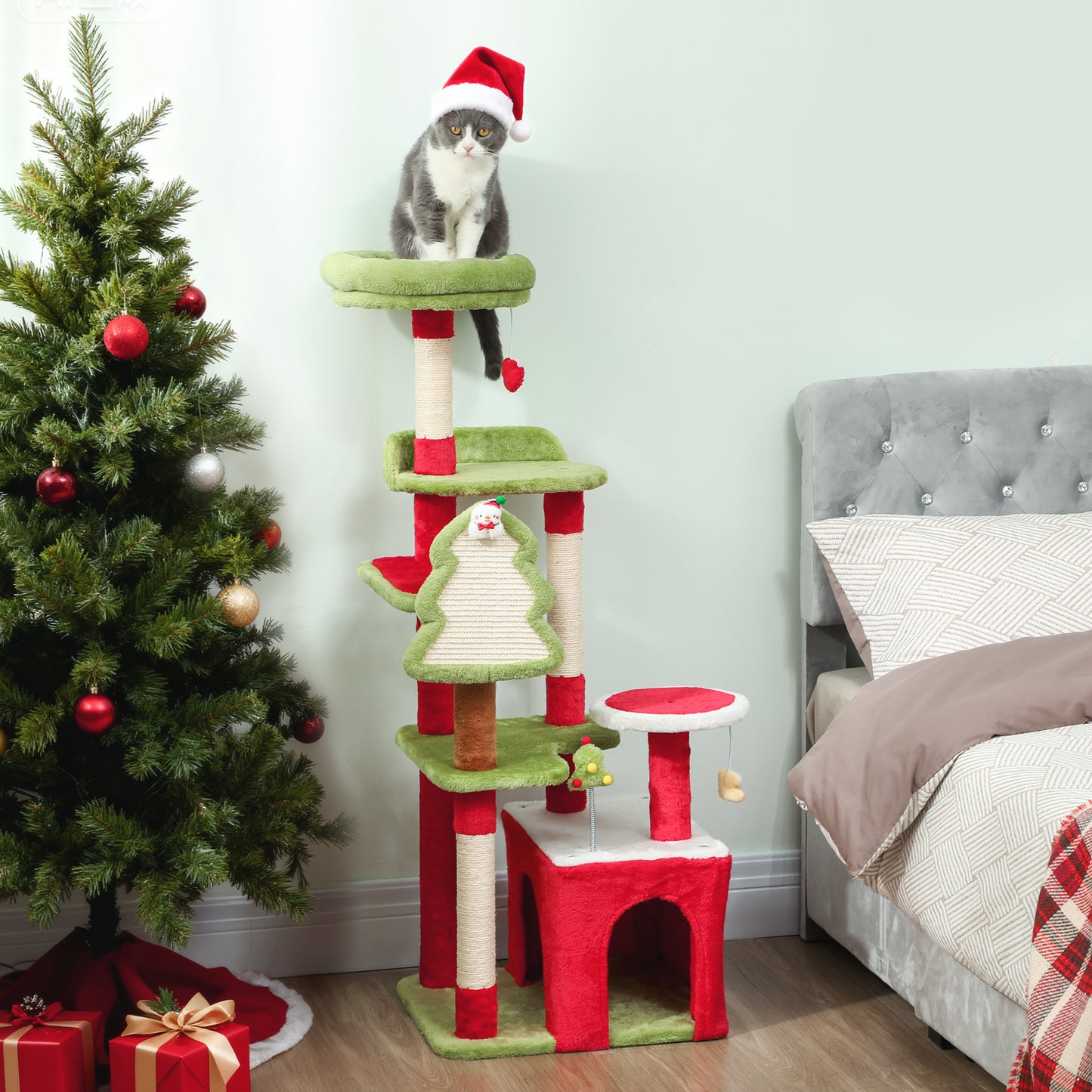 Cat Tree, 120cm Christmas Cat Tower with 3 Scratching Posts, Scratching Board, 2 Perches, Platforms, Toys, Green