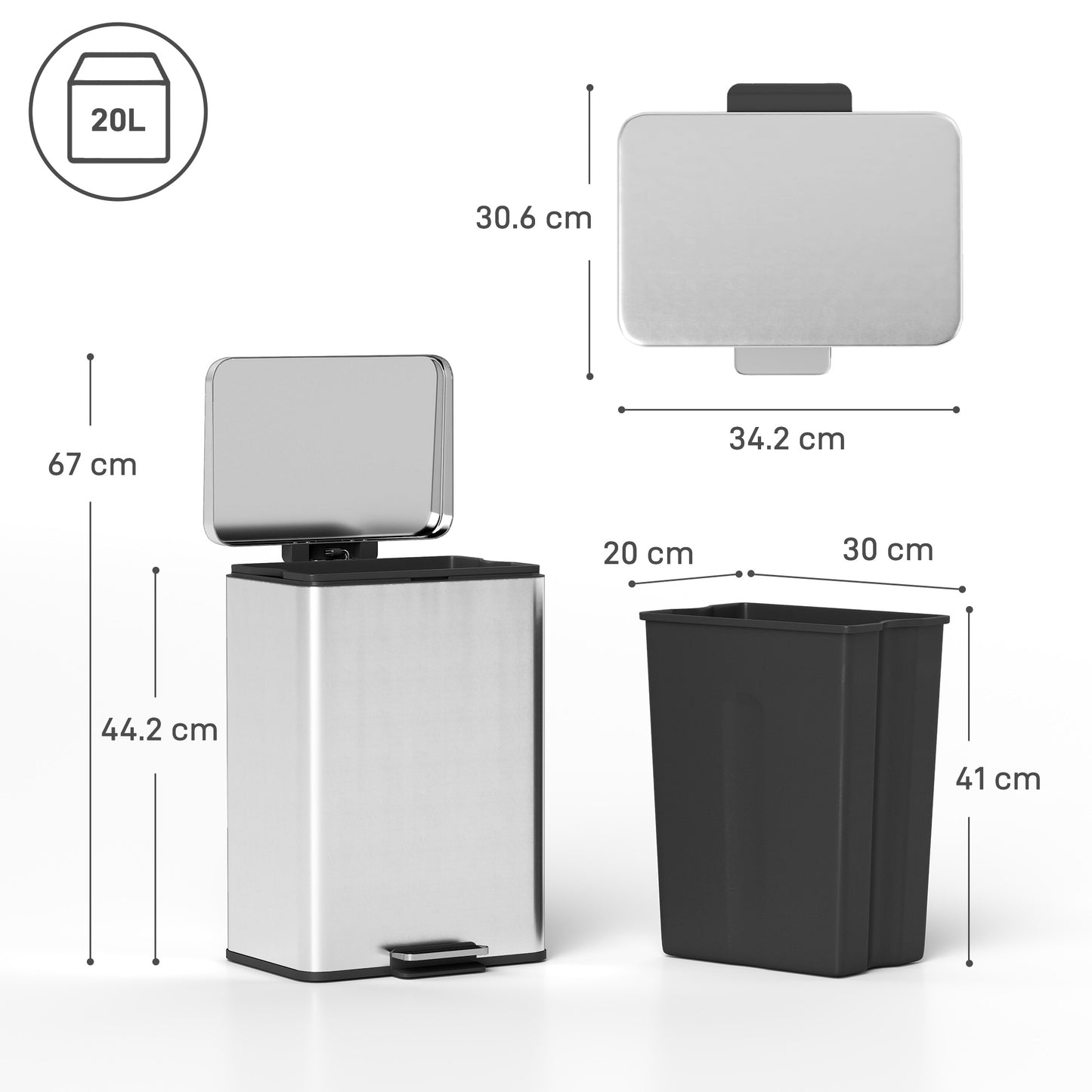 20L Kitchen Bin with Soft-Close Lid and Stay-Open Function