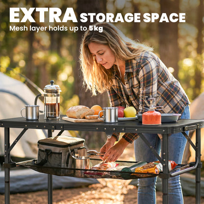 3ft Folding Camping Table, Picnic Table with Mesh Storage Layer, Carrying Bag and Metal Frame, Black